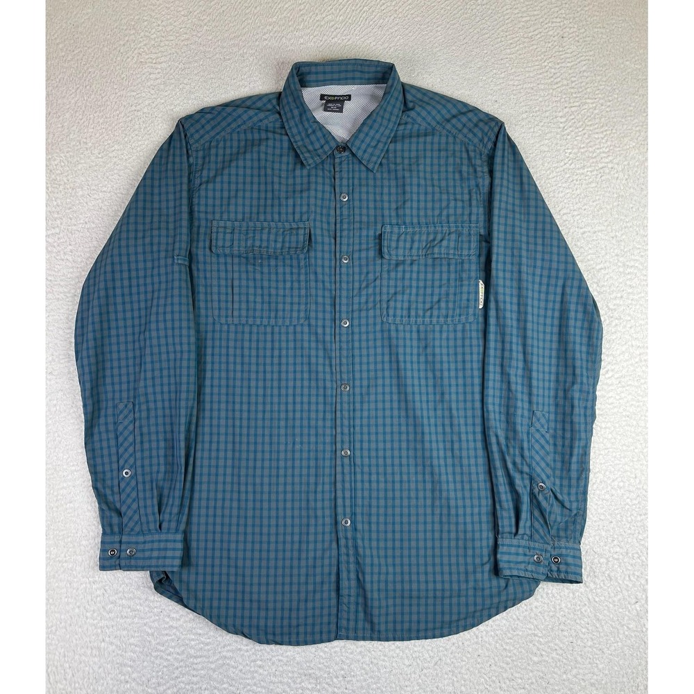 ExOfficio Shirt Men's Medium Blue Check Insect Shield L/S Button Up Nylon Travel